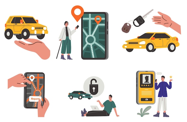 Servicio de compartición de automóviles Cambio de automóviles en la ciudad Alquiler de vehículos Rastreo de vehículos Aplicación de ubicación móvil Búsqueda gratuita de máquinas Orden de taxi Solicitud automática Conjunto de vectores de transporte de automóviles