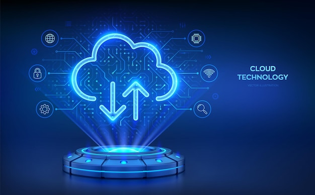 Servicio de computación en la nube Plataforma holográfica con rayos brillantes que forman una proyección de un almacenamiento en la nube Almacenamiento de base de datos Centro de almacenamiento de datos Cargar descarga de aplicación Patrón de placa de circuitos Ilustración vectorial