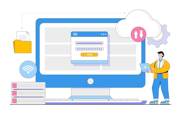 Servicio de computación en la nube de tecnología comercial plana y copia de seguridad de carga de archivos en el almacenamiento del servidor en la nube con el concepto de usuario de seguridad de inicio de sesión web ilustración de vector mínimo de estilo de diseño de esquema