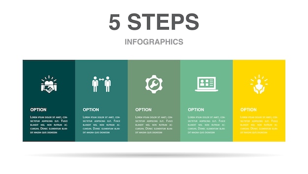 Servicio de comunicación de relación con el cliente Iconos de atención al cliente de CRM Plantilla de diseño de diseño infográfico Concepto de presentación creativa con 5 pasos