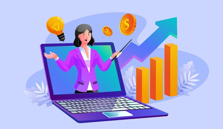 Vector servicio de consultoría empresarial con mujer saliendo de una computadora portátil y aumentando los gráficos