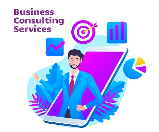 Servicio de consultoría empresarial con símbolo de hombre y teléfono inteligente móvil