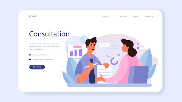 Servicio de consultoría profesional banner web o página de destino. investigación y recomendación. gestión de estrategias y resolución de problemas. ayude a los clientes con sus negocios. ilustración de vector plano aislado