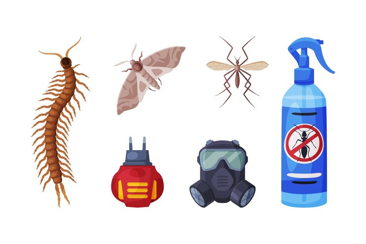 Vector servicio de control de plagas e exterminio de insectos con botella química y conjunto de vectores de máscaras