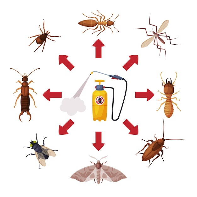 Servicio de control de plagas pulverizador a presión de insecticida químico e ilustración del vector de insectos dañinos