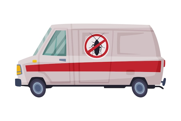 Servicio de control de plagas van exterminador mini autobús ilustración vectorial en fondo blanco