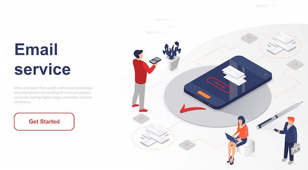 Vector servicio de correo electrónico isométrico de página de destino o aplicación móvil