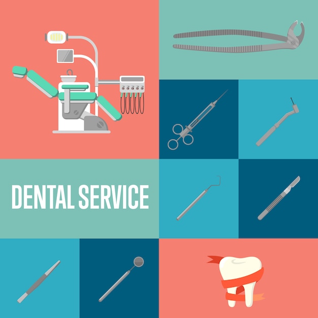 Vector servicio dental composición cuadrada con instrumentos