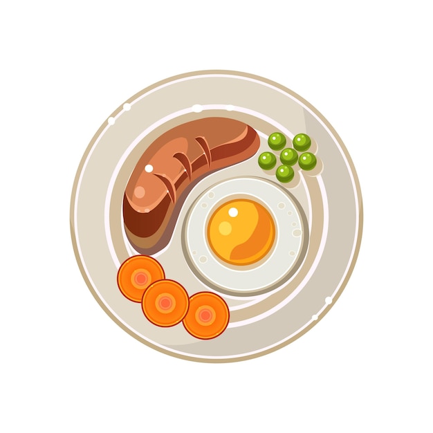 Vector servicio de desayuno con huevo frito y salchicha. ilustración vectorial colorida