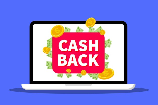 Servicio de devolución de dinero Icono de vector de reembolso de dinero en la pantalla de la computadora portátil Servicio de economía de dinero de devolución de efectivo en línea Programa de socio de compras Cashback ofrece pancartas vectoriales con monedas voladoras con pantalla de computadora portátil