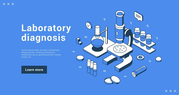 Servicio de diagnóstico de laboratorio página de destino ilustración vectorial isométrica Publicidad promocional en Internet