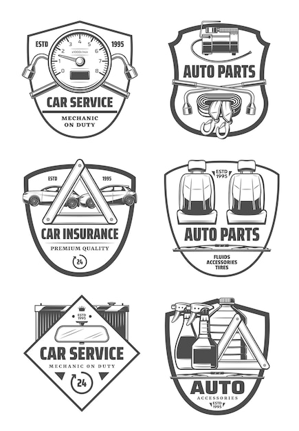 Vector servicio de diagnóstico de reparación de automóviles e iconos de autopartes
