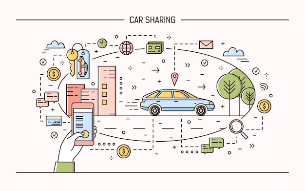 Servicio electrónico de alquiler y uso compartido de automóviles o concepto de aplicación de uso compartido de automóviles. Ilustración moderna en estilo lineal.