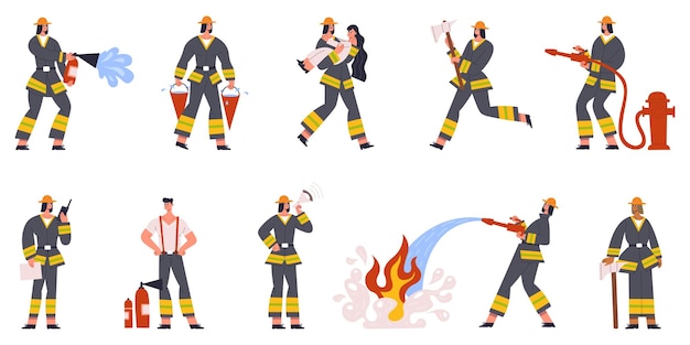 Servicio de emergencia de personajes de bombero regando el fuego y salvando a la gente. Conjunto de ilustraciones vectoriales de situaciones de extinción de incendios. Bomberos en poses de acción. Dibujos animados de profesión de bombero, rescate de ocupación