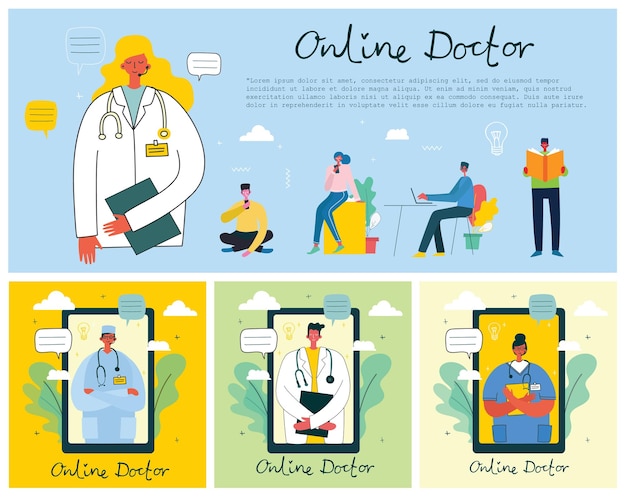 Servicio de empresa médica Concepto médico en línea. Ilustración digital del concepto de vector plano moderno médico de médico con auriculares hablando por teléfono para una consulta médica.