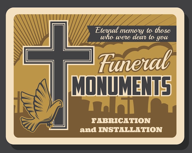 Vector servicio de entierro de cartel retro de monumentos funerarios