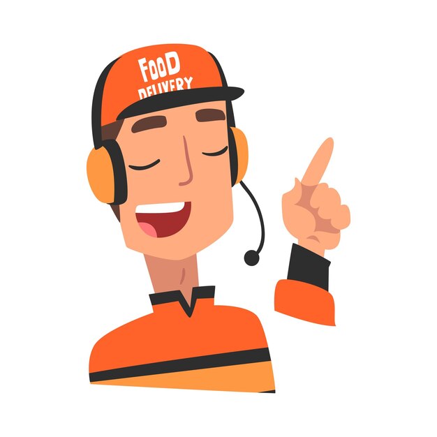 Servicio de entrega de alimentos expreso Operador de centro de llamadas masculino en auricular aceptando pedidos del cliente Ilustración vectorial de estilo dibujos animados