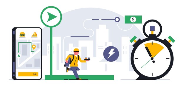 Servicio de entrega de alimentos en línea a su hogar Entrega rápida por mensajería Seguimiento de su pedido a través de una aplicación móvil Mapa calle ciudad ruta tiempo cronómetro menú aplicación teléfono Vector ilustración