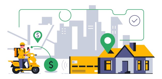 Servicio de entrega de alimentos en línea a su hogar El mensajero recibió un pedido para la entrega de alimentos Mapa dirección ruta ubicación scooter banco tarjeta dinero dólar casa ciudad Vector ilustración