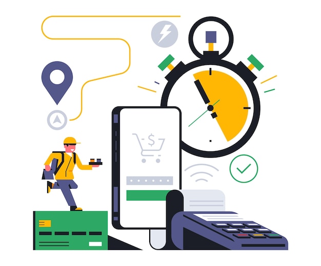 Servicio de entrega de alimentos en línea a su hogar Pago en línea exitoso para la entrega de alimentos Pago terminal dinero tarjeta bancaria ruta de mensajería a la dirección gps tiempo Ilustración vectorial