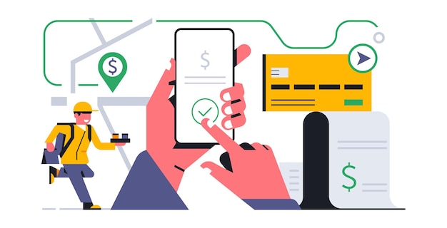 Servicio de entrega de alimentos en línea a su hogar Pago en línea exitoso para ordenar la entrega de alimentos a su hogar a través de la aplicación telefónica Pago cheque tarjeta bancaria rutacourierVector ilustración