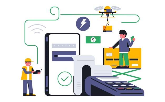 Servicio de entrega de alimentos en línea a su hogar Pago en línea exitoso para el pedido de entrega a domicilio a través de la aplicación telefónica Ruta de terminal de pago de paquetería y drones Ilustración vectorial