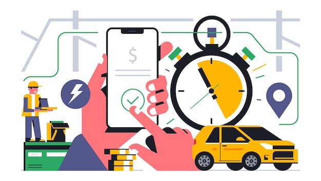 Servicio de entrega de alimentos en línea a su hogar Pago en línea para pedir alimentos a través de la aplicación de teléfono Mapa ruta dirección mensajero comer coche pago teléfono aplicación icono signo Ilustración vectorial