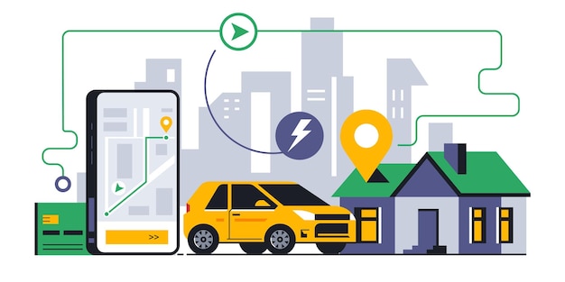 Servicio de entrega de alimentos en línea a su hogar Seguimiento de la entrega de alimentos a través de una aplicación móvil Mapa dirección ubicación ruta gps coche ciudad banco tarjeta casa signo icono Vector ilustración