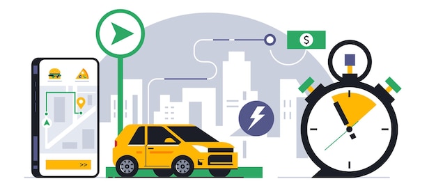 Servicio de entrega de alimentos en línea a su hogar Seguimiento de la entrega de alimentos a través de una aplicación móvil Mapa dirección ubicación ruta gps coche ciudad cronómetro signo icono dólar Vector ilustración