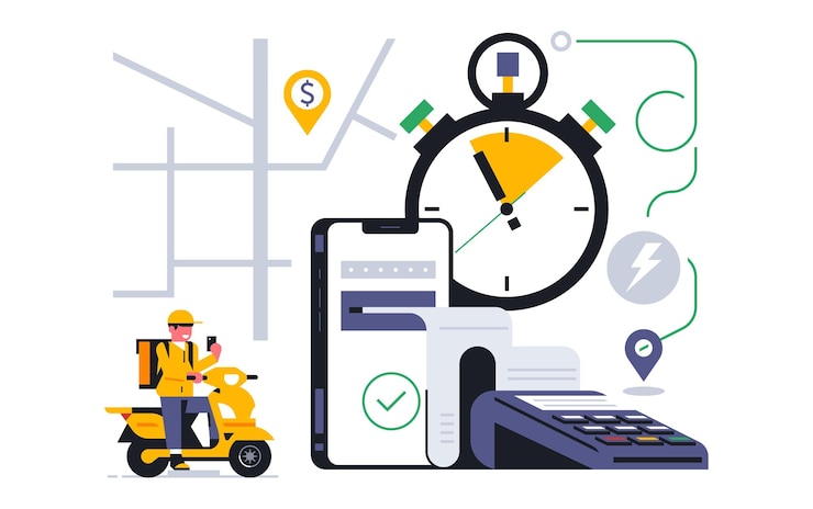Vector servicio de entrega de alimentos en línea a su hogar el servicio de mensajería recibió un pedido para la entrega de alimentos el pago en línea fue exitoso terminal de pago telefónico verifique la dirección del mapa del scooter ilustración vectorial