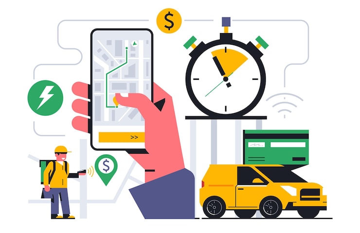 Vector servicio de entrega de alimentos en línea a su hogar el servicio de mensajería recibió un pedido para la entrega de alimentos seguimiento de su pedido a través de una aplicación móvil mapa de cronómetro de automóvil con tarjeta bancaria ilustración vectorial