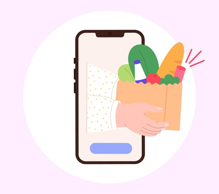 Vector servicio de entrega de alimentos en línea en teléfonos inteligentes tecnologías tienda digital o mercado de productos frescos estilo de vida moderno bolsa de manos con productos concepto vectorial
