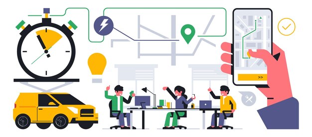 Servicio de entrega de alimentos en línea Los trabajadores de oficina ordenan la entrega de alimentos Mano sosteniendo el mapa del teléfono dirección calle ruta GPS tiempo cronómetro coche de mensajería Ilustración vectorial