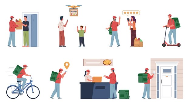 Servicio de entrega de alimentos mensajeros que entregan productos de restaurantes cafés y tiendas clientes ordenan a la puerta aplicación de servicio en línea estilo plano de dibujos animados aislado conjunto vectorial actual