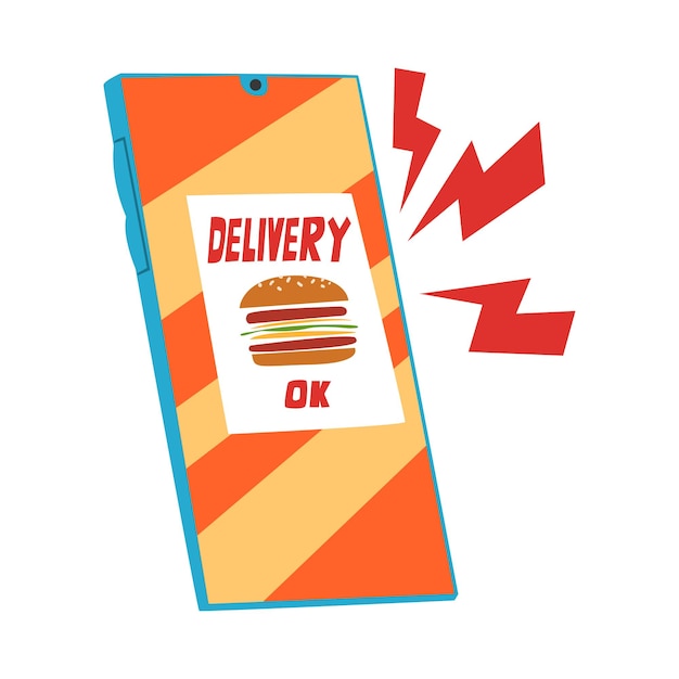 Servicio de entrega de alimentos Smartphone con comida rápida Aplicación de pedido en línea Ilustración vectorial de estilo dibujos animados en fondo blanco