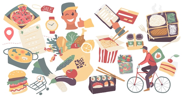 Servicio de entrega de alimentos tienda de comestibles conjunto de comida para llevar colección con bolsa llena de comida