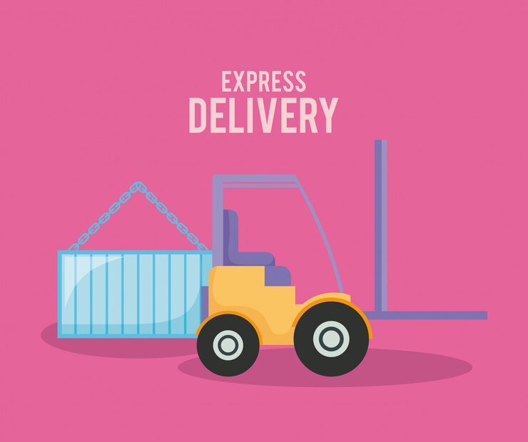 Vector servicio de entrega carretilla elevadora con contenedor.