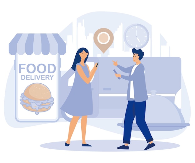 Servicio de entrega de comida Las personas diminutas piden comida en línea