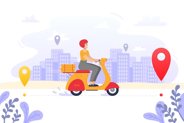 Servicio de entrega de comida rápida, mensajero de motocicleta o entrega de pizzas por GPS