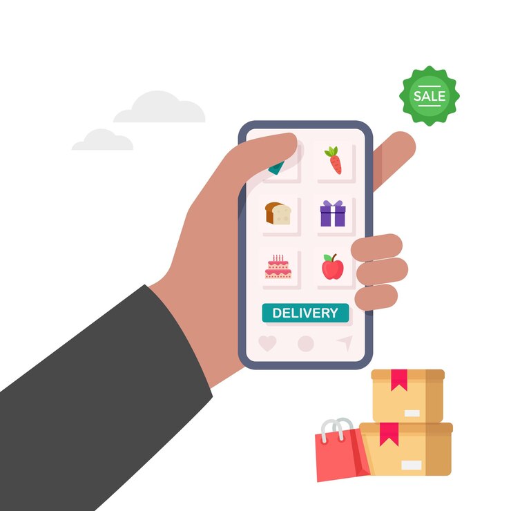 Vector servicio de entrega de compras de comestibles en línea pedidos en línea de comercio electrónico de entrega de alimentos