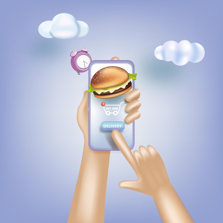 Vector servicio de entrega de compras de comestibles en línea pedidos en línea de entrega de comestibles de alimentos comercio electrónico