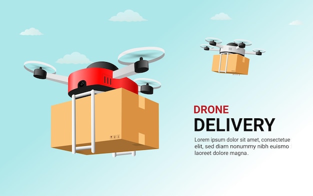Servicio de entrega expreso por drones Logística aérea de control remoto por drones Orden en línea Vector de caja de paquetes