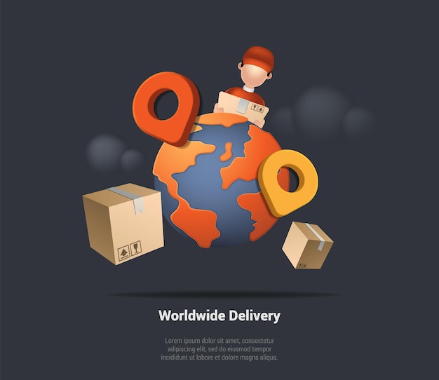 Servicio de entrega internacional rápido en línea en todo el mundo Hogar y oficina Estructura de correos en todo el mundo y logística de la ciudad Las personas envían y reciben paquetes en todo el mundo 3d Render Vector ilustración