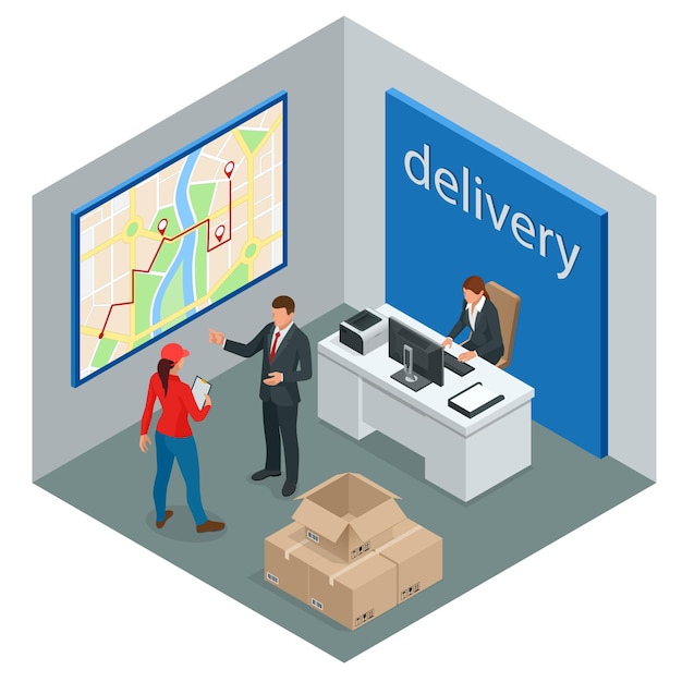 Servicio de entrega isométrica o concepto de servicio de mensajería. Mensajero haciendo notas en el recibo de entrega en la mesa. ilustración vectorial