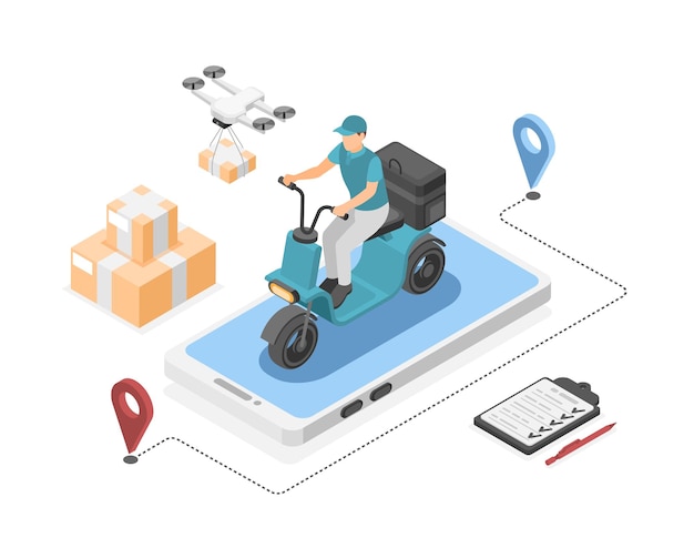 Servicio de entrega isométrico Correo en scooter con paquetes Drone transporta cajas trabajador de correos y teléfono inteligente Concepto vectorial logístico impecable