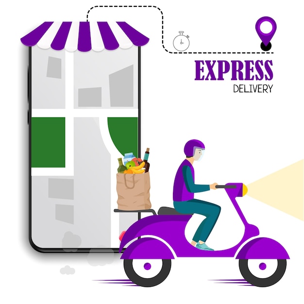 Servicio de entrega en línea banner seguimiento de pedidos en línea scooter púrpura entrega de alimentos Envío Vect