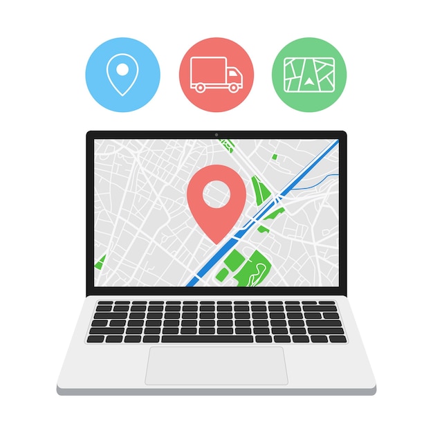 Servicio de entrega en línea con computadora portátil y ubicación de pin gps Vector