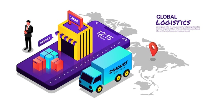 Vector servicio de entrega en línea de concepto logístico global en diseño isométrico