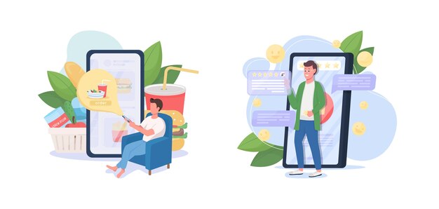 Servicio de entrega en línea conjunto de ilustración de concepto plano Aplicación de teléfono inteligente Pedido de comestibles Comida rápida para llevar Personajes de dibujos animados del cliente D