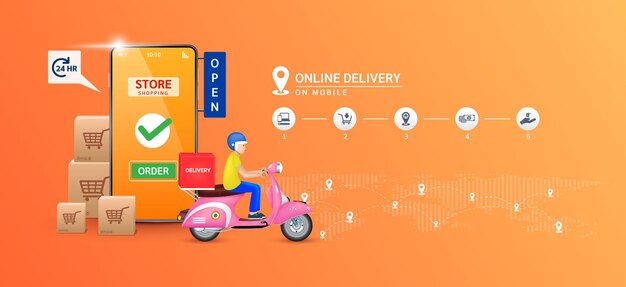 Servicio de entrega en línea Entrega rápida en scooter a casa Smartphone con aplicación de tienda